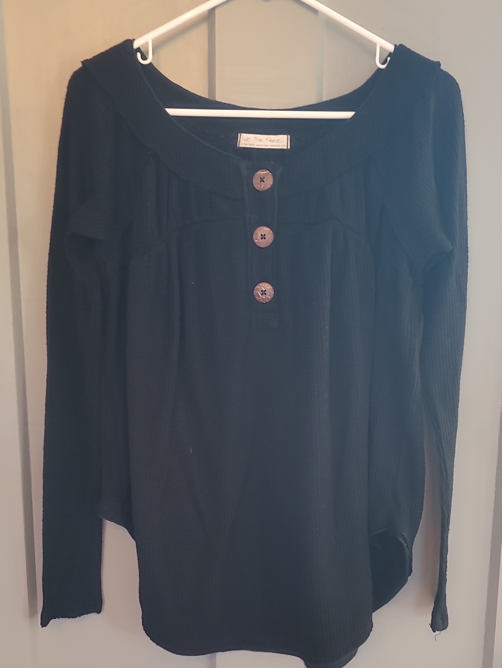 We The Free Black Ribbed Henley Top with Wooden Buttons